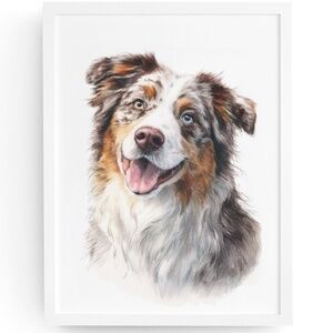 Watercolor Australian Shepherd Dog Portrait Wall Art Print, Unframed